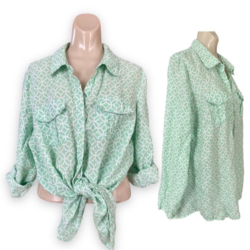 Charter Club Woman Linen Pattern Long Sleeve Button Tab Semi Sheer Blouse